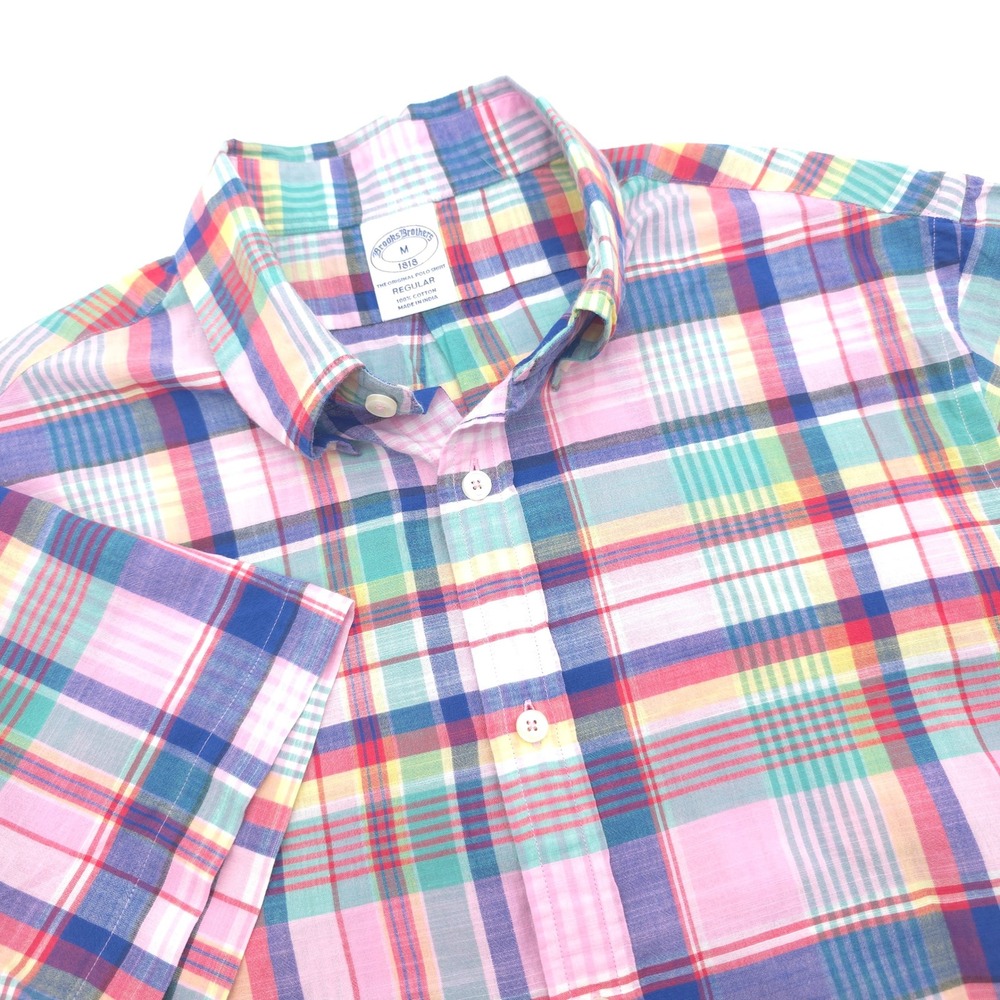 Brooks Brothers 1818 Mens Medium Regular Fit Short Sleeve Plaid Button Down